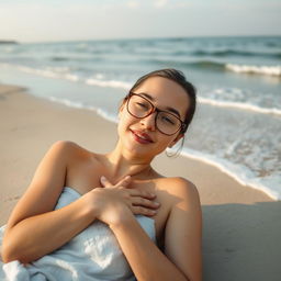 25-year-old woman wearing eyeglasses, lying on a secluded beach, covering her chest with her arm, emphasis on her confident and relaxed demeanor, serene coastal background, gentle waves washing over the sandy shore, sun-kissed skin, calm and peaceful atmosphere