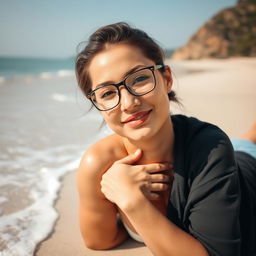 25-year-old woman wearing eyeglasses, lying on a secluded beach, covering her chest with her arm, emphasis on her confident and relaxed demeanor, serene coastal background, gentle waves washing over the sandy shore, sun-kissed skin, calm and peaceful atmosphere