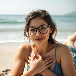 25-year-old woman wearing eyeglasses, lying on a secluded beach, covering her chest with her arm, emphasis on her confident and relaxed demeanor, serene coastal background, gentle waves washing over the sandy shore, sun-kissed skin, calm and peaceful atmosphere