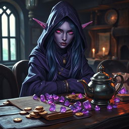 In a dimly lit medieval tavern, a purple-skinned female tiefling mage sits with a mysterious and elegant demeanor