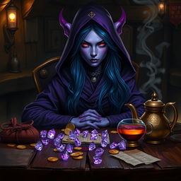 In a dimly lit medieval tavern, a purple-skinned female tiefling mage sits with a mysterious and elegant demeanor