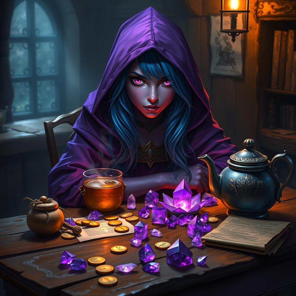 In a dimly lit medieval tavern, a purple-skinned female tiefling mage sits with a mysterious and elegant demeanor