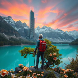 A super realistic scene of an architect with light-colored hair standing on a flower-covered rock, facing away with trekking poles in hand