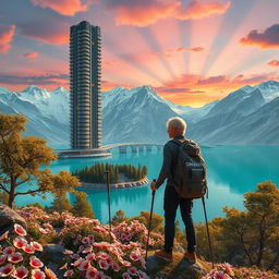 A super realistic scene of an architect with light-colored hair standing on a flower-covered rock, facing away with trekking poles in hand