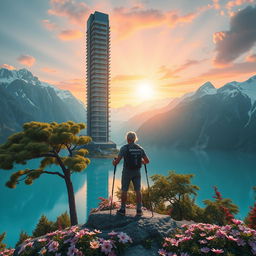 A super realistic scene of an architect with light-colored hair standing on a flower-covered rock, facing away with trekking poles in hand