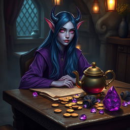 In the dimly lit medieval tavern, a well-mannered and elegant female tiefling mage with alluring purple skin sits with poise at a wooden table