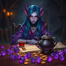 In the dimly lit medieval tavern, a well-mannered and elegant female tiefling mage with alluring purple skin sits with poise at a wooden table