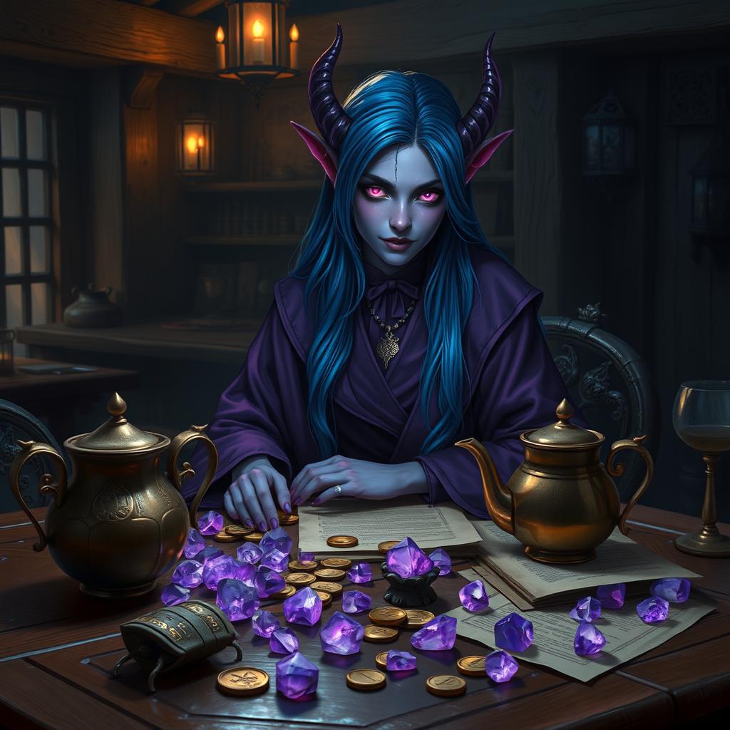 In the dimly lit medieval tavern, a well-mannered and elegant female tiefling mage with alluring purple skin sits with poise at a wooden table