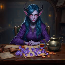 In the dimly lit medieval tavern, a well-mannered and elegant female tiefling mage with alluring purple skin sits with poise at a wooden table