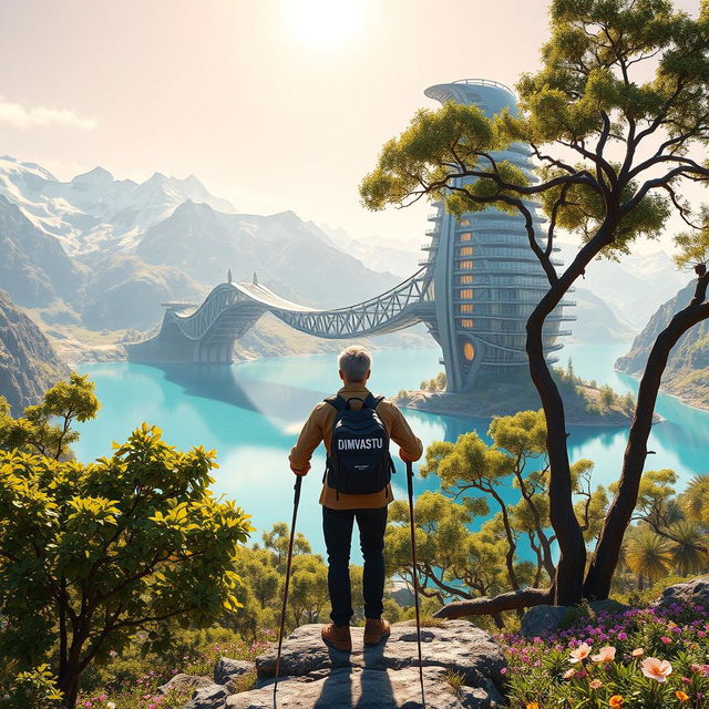 A super realistic scene depicting an architect with light-colored hair standing on a flower-covered rock, facing away with trekking poles in hand