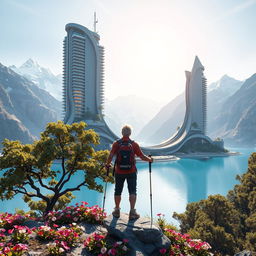 A super realistic scene depicting an architect with light-colored hair standing on a flower-covered rock, facing away with trekking poles in hand