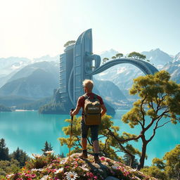 A super realistic scene depicting an architect with light-colored hair standing on a flower-covered rock, facing away with trekking poles in hand