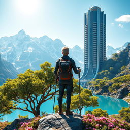 A super realistic scene depicting an architect with light-colored hair standing on a flower-covered rock, facing away with trekking poles in hand