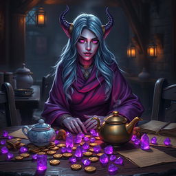 In a dimly lit medieval tavern, a female tiefling mage with mesmerizing purple skin sits with the poise of a wise and well-mannered woman