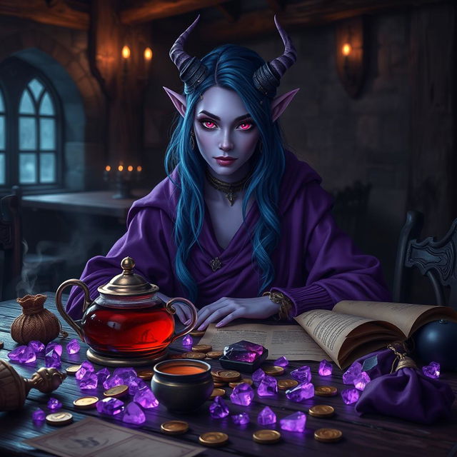 In a dimly lit medieval tavern, a female tiefling mage with mesmerizing purple skin sits with the poise of a wise and well-mannered woman