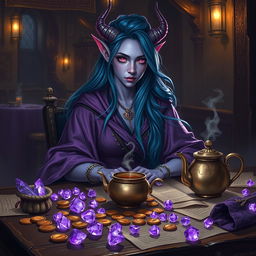 In a dimly lit medieval tavern, a female tiefling mage with mesmerizing purple skin sits with the poise of a wise and well-mannered woman