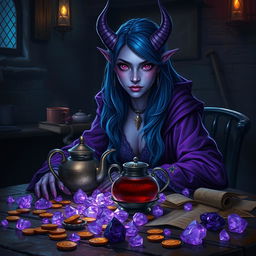 In a dimly lit medieval tavern, a female tiefling mage with mesmerizing purple skin sits with the poise of a wise and well-mannered woman