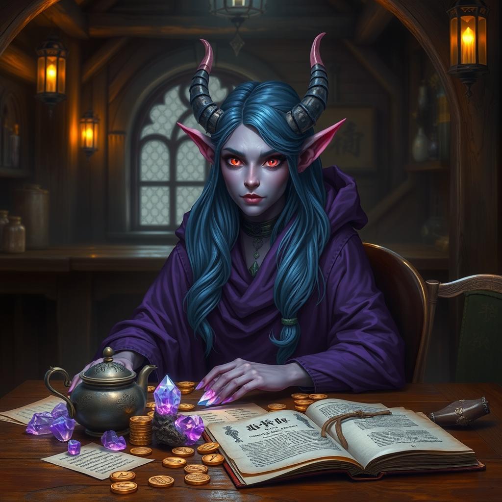 In the dimly lit medieval tavern, a wise and elegantly poised female tiefling mage sits at a wooden table