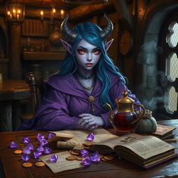 In the dimly lit medieval tavern, a wise and elegantly poised female tiefling mage sits at a wooden table