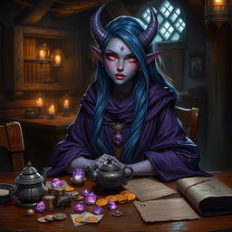 In the dimly lit medieval tavern, a wise and elegantly poised female tiefling mage sits at a wooden table