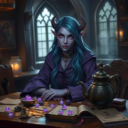 In the dimly lit medieval tavern, a wise and elegantly poised female tiefling mage sits at a wooden table