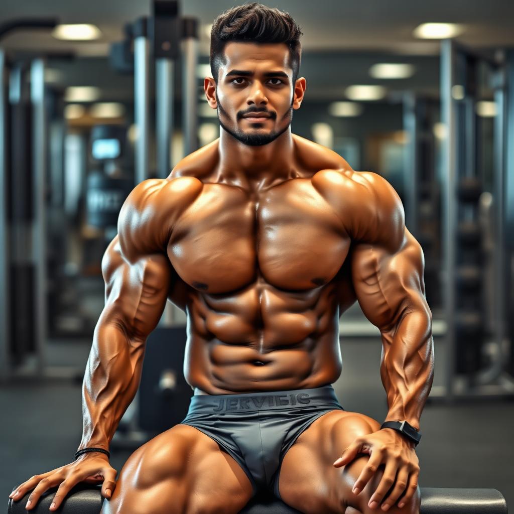 An Indian male bodybuilder with a muscular physique sitting confidently on a bench in a gym