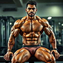 An Indian male bodybuilder with a muscular physique sitting confidently on a bench in a gym