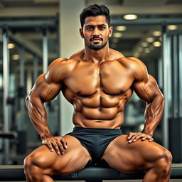 An Indian male bodybuilder with a muscular physique sitting confidently on a bench in a gym