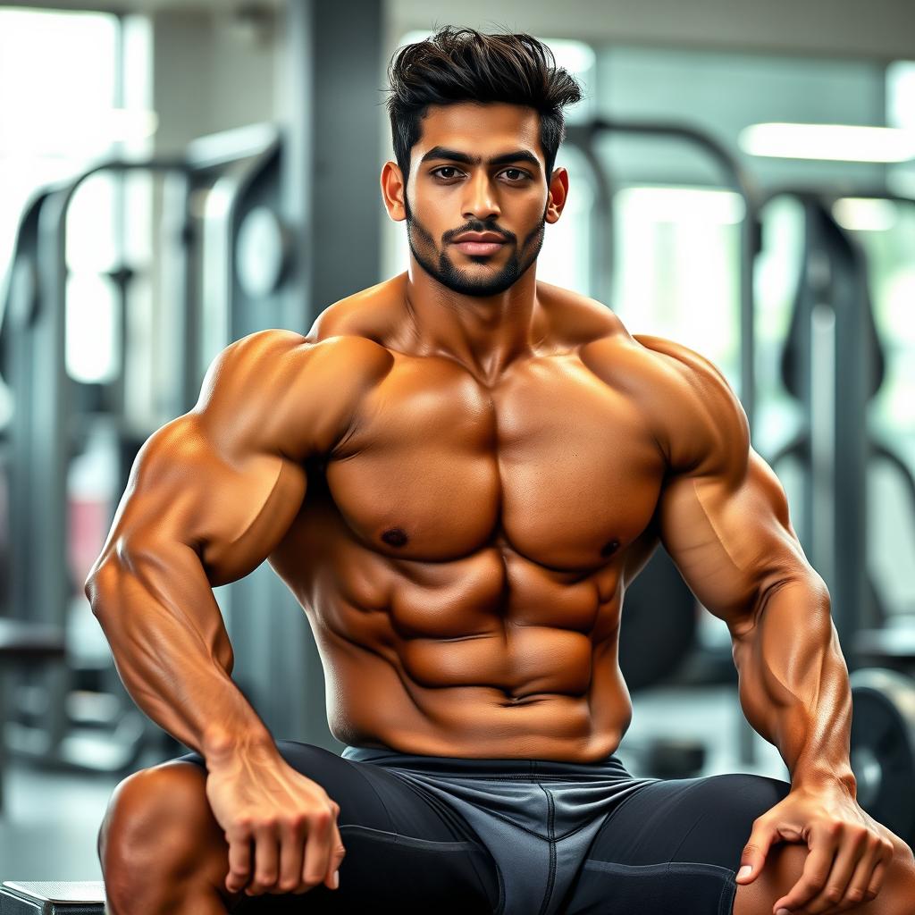 An Indian male bodybuilder with a muscular physique sitting confidently on a bench in a gym