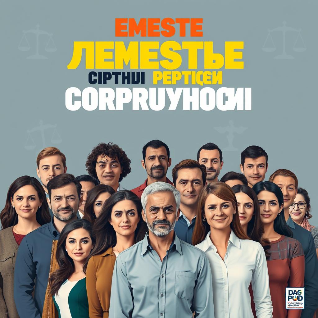 A powerful and impactful anti-corruption advertisement depicting a diverse group of people standing together with determined expressions, united against corruption