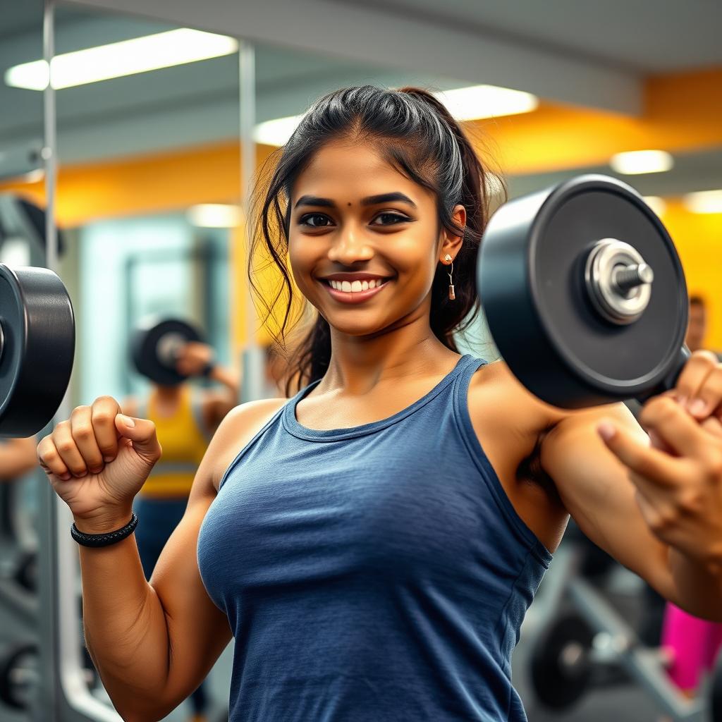 A strong and confident Indian girl working out in a modern gym