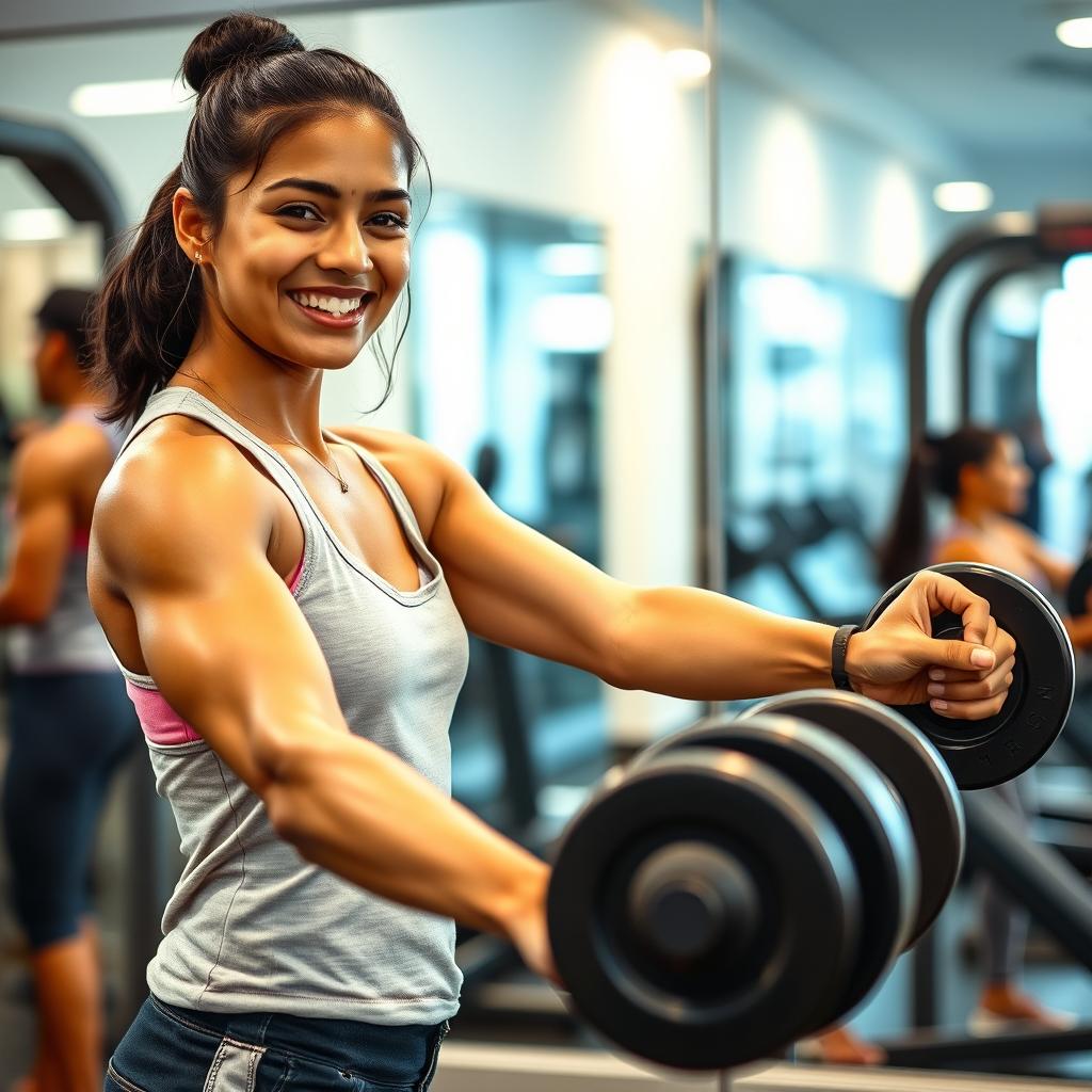 A strong and confident Indian girl working out in a modern gym