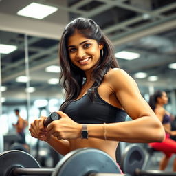 A strong and confident Indian girl working out in a modern gym