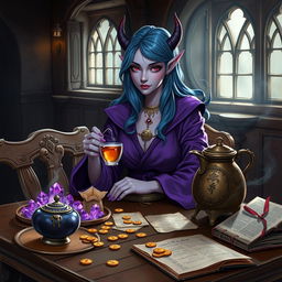 In a dimly lit medieval tavern, a sophisticated and elegantly poised female purple tiefling mage sits quietly at a worn wooden table, exuding wisdom and grace