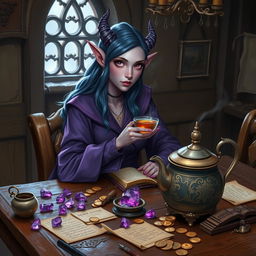 In a dimly lit medieval tavern, a sophisticated and elegantly poised female purple tiefling mage sits quietly at a worn wooden table, exuding wisdom and grace