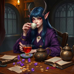 In a dimly lit medieval tavern, a sophisticated and elegantly poised female purple tiefling mage sits quietly at a worn wooden table, exuding wisdom and grace