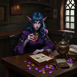 In a dimly lit medieval tavern, a sophisticated and elegantly poised female purple tiefling mage sits quietly at a worn wooden table, exuding wisdom and grace