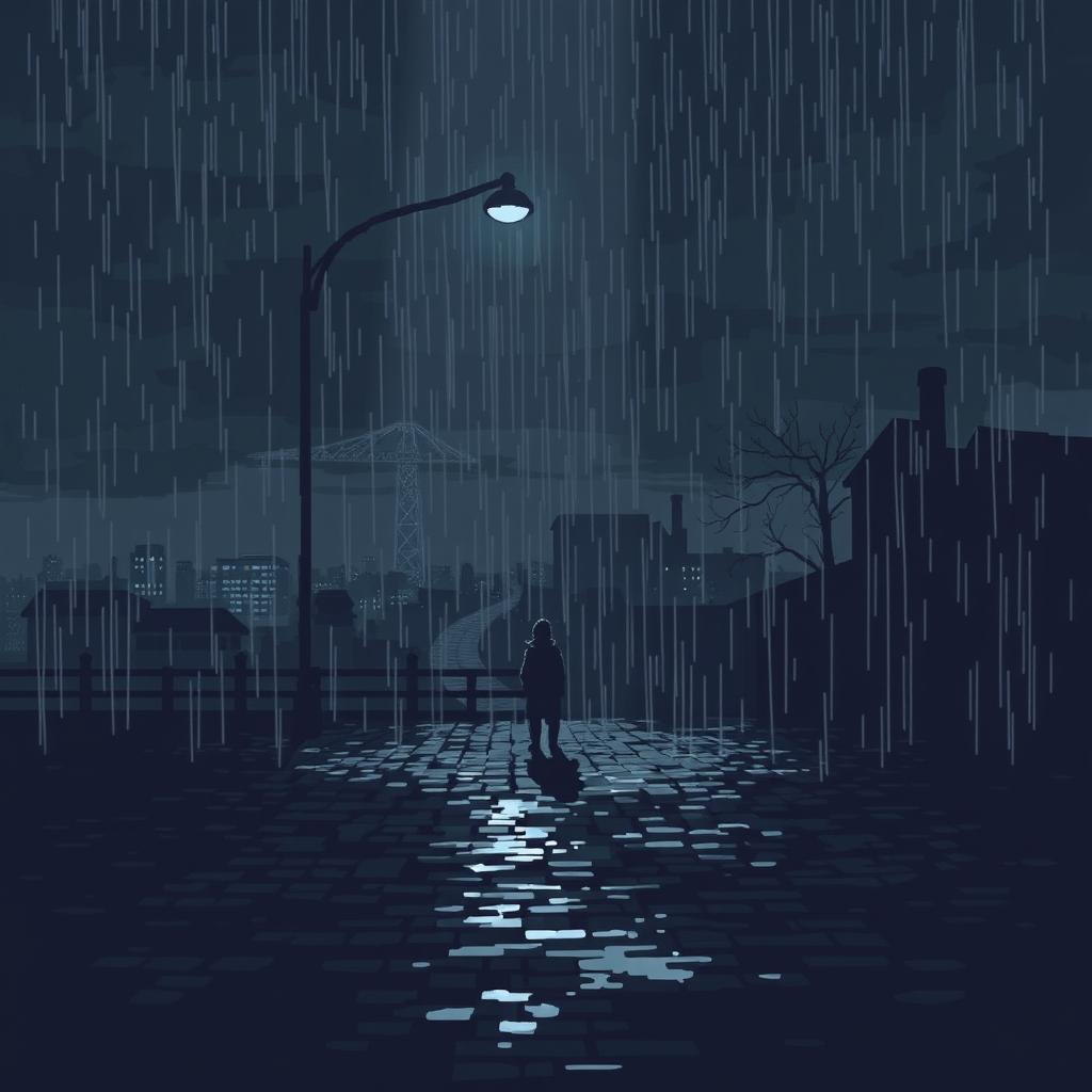 A pixel art scene depicting a melancholic landscape during a gloomy rainstorm