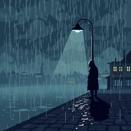 A pixel art scene depicting a melancholic landscape during a gloomy rainstorm