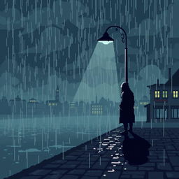 A pixel art scene depicting a melancholic landscape during a gloomy rainstorm