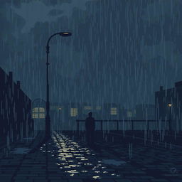 A pixel art scene depicting a melancholic landscape during a gloomy rainstorm