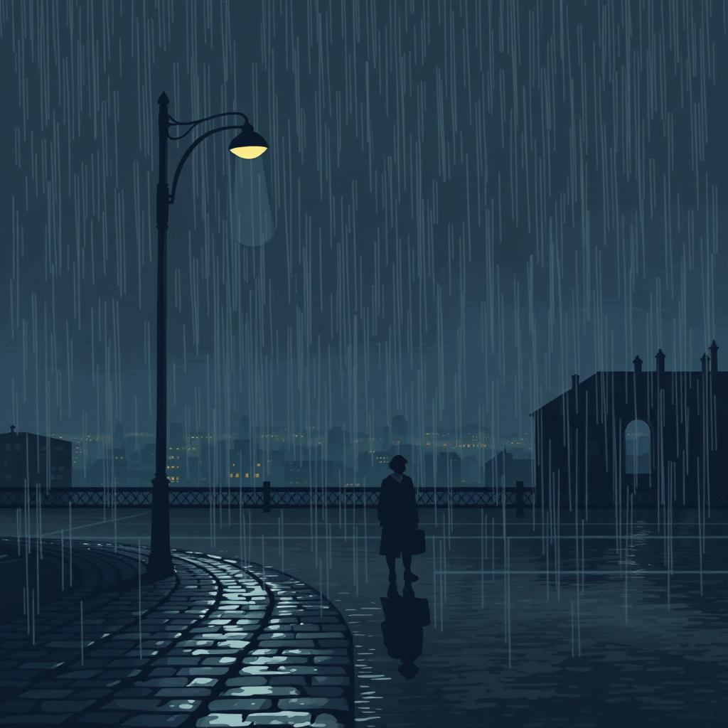 A pixel art scene depicting a melancholic landscape during a gloomy rainstorm