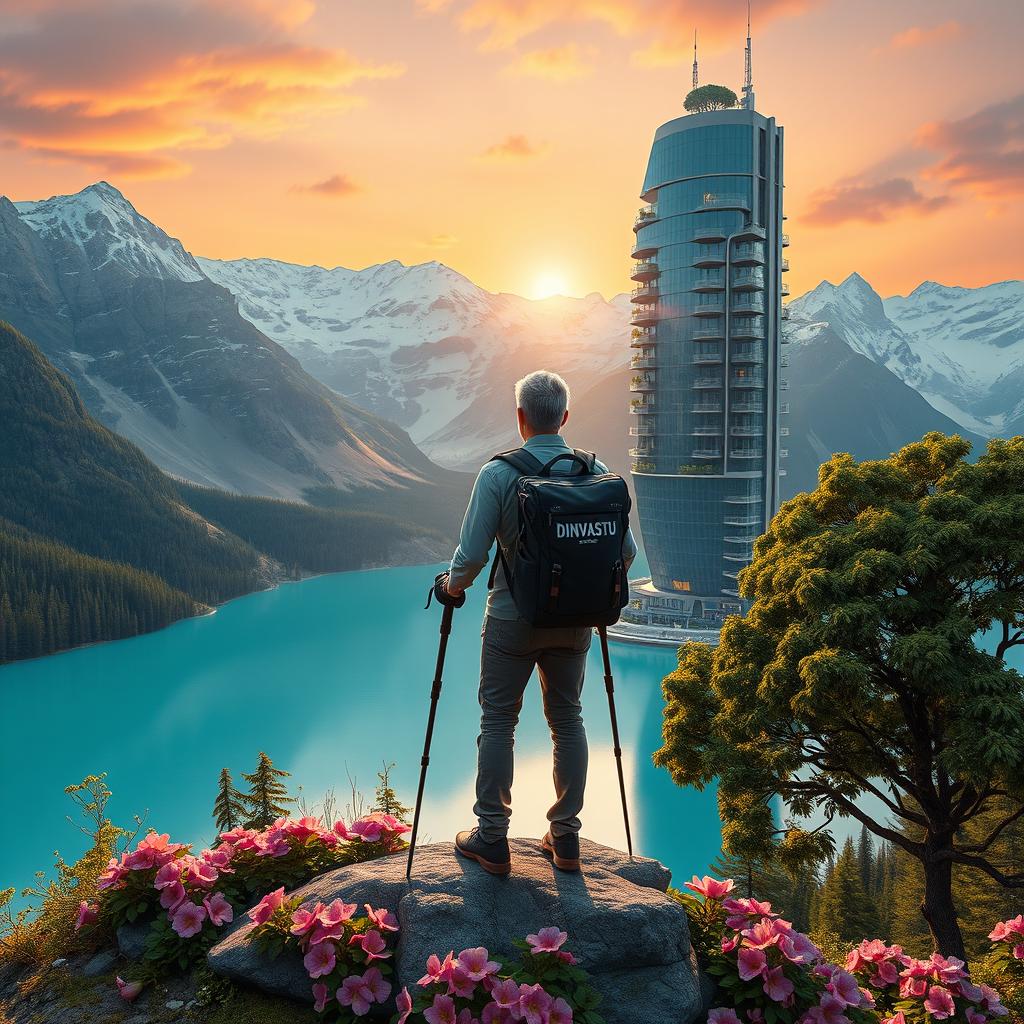 A super realistic image of an architect with light-colored hair standing on a flower-covered rock, facing away with trekking poles in hand