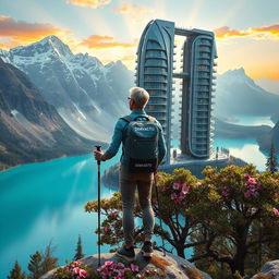 A super realistic image of an architect with light-colored hair standing on a flower-covered rock, facing away with trekking poles in hand