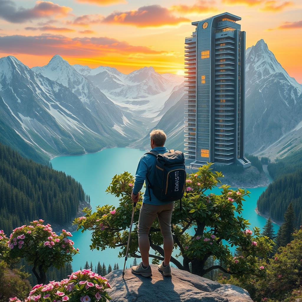 A super realistic image of an architect with light-colored hair standing on a flower-covered rock, facing away with trekking poles in hand