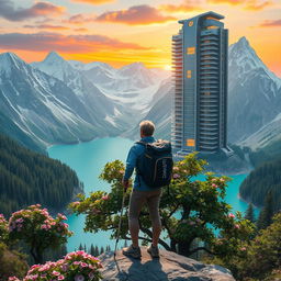 A super realistic image of an architect with light-colored hair standing on a flower-covered rock, facing away with trekking poles in hand