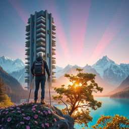 A super realistic image of an architect with light-colored hair standing on a flower-covered rock, facing away with trekking poles in hand