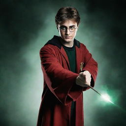 Harry Potter with devilish characteristics, wearing a slick red and black robe, his green eyes gleaming mischievously as he casts a spell with his wand.