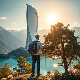 A super realistic image of an architect with light-colored hair standing on a flower-covered rock, facing away with trekking poles in hand