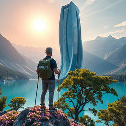 A super realistic image of an architect with light-colored hair standing on a flower-covered rock, facing away with trekking poles in hand